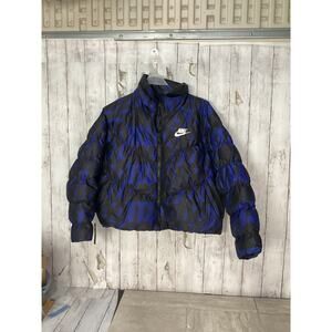 Nike Sporstwear "Just Do It" Printed Puffer Jacket Black/Blue Women Sz Large